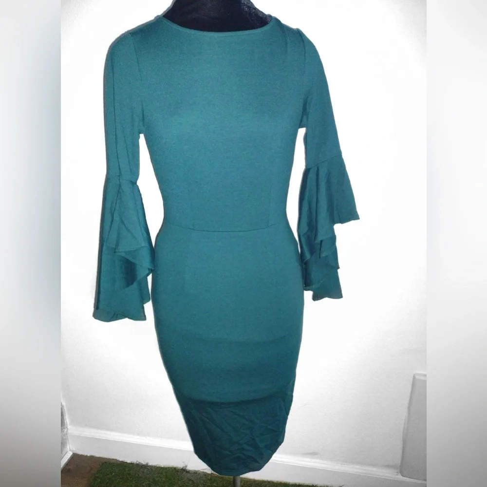 NWT Vfshow Bell Ruffle Sleeve Bodycon Midi Dress Dark Green Blue XS - Picture 3 of 11